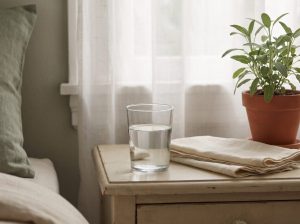 Antidepresan yan etkileri – komodinde su bardağı ve sabah ışığı