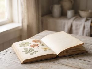 Amnezi – açık kitap arasında solmuş kurutulmuş çiçekler