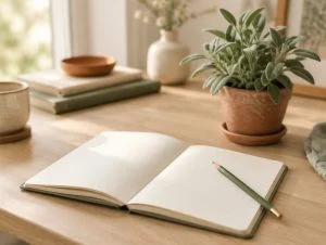 Açık bir defter, kalem ve saksıda adaçayı bulunan çalışma masası